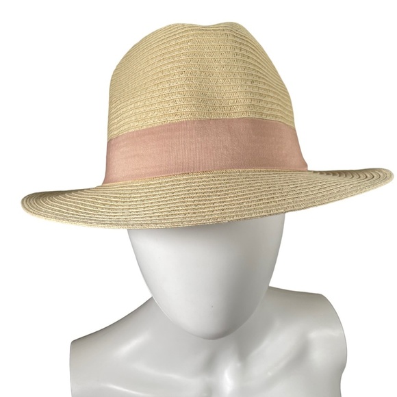 H&M straw raffia fedora hat women’s crème and pink - Picture 2 of 12